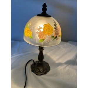 Vintage Mid Century Cast Metal Reverse  Floral Frosted Glass Shade Boudoir Lamp